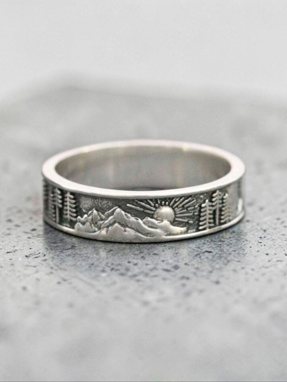 Mountain Sunrise Pine Tree Ring Rustic Retro Mountains Sunset Silver Tone Size 5